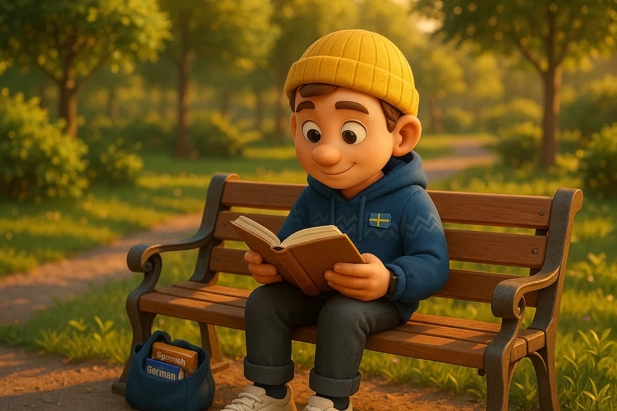 A 3D animated character reading a book on a park bench surrounded by multilingual signs and greenery