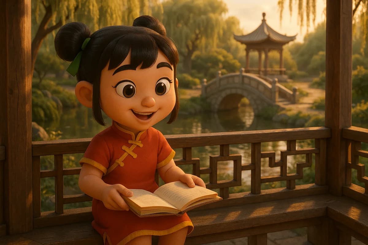A 3D animated character reading a book on a park bench surrounded by multilingual signs and greenery