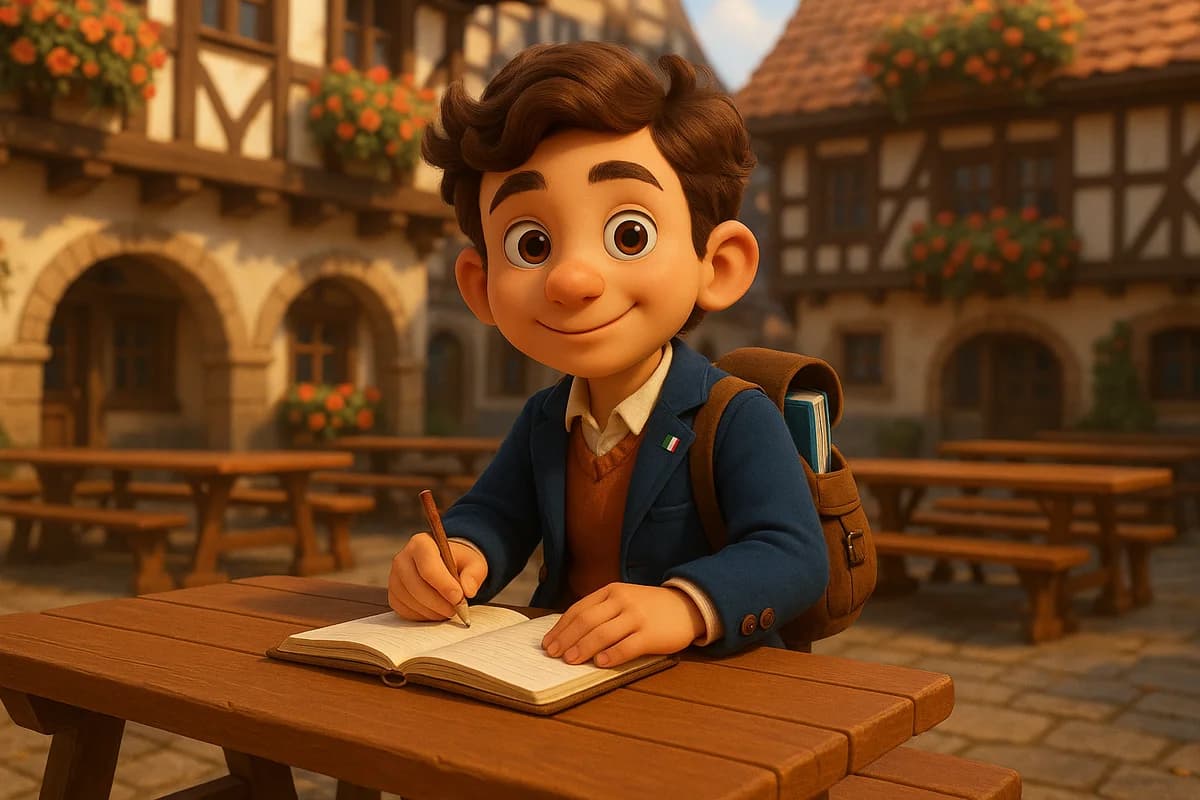 A 3D animated character sitting with a notebook in a warm Munich beer garden courtyard with traditional Bavarian architecture