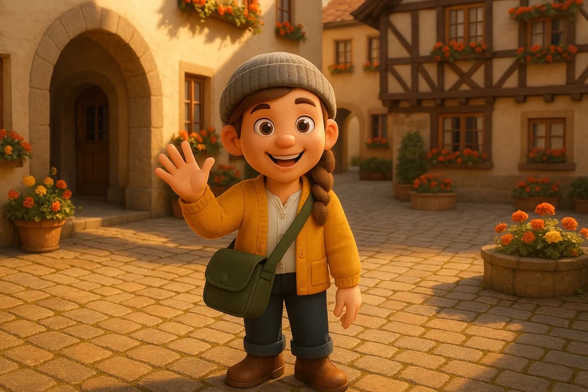 A 3D animated character sitting with a notebook in a warm Munich beer garden courtyard with traditional Bavarian architecture