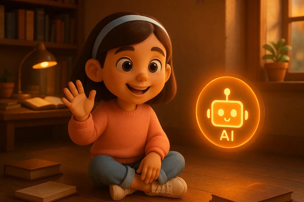 A 3D animated character sitting between a human tutor and a glowing AI interface, weighing the benefits of each