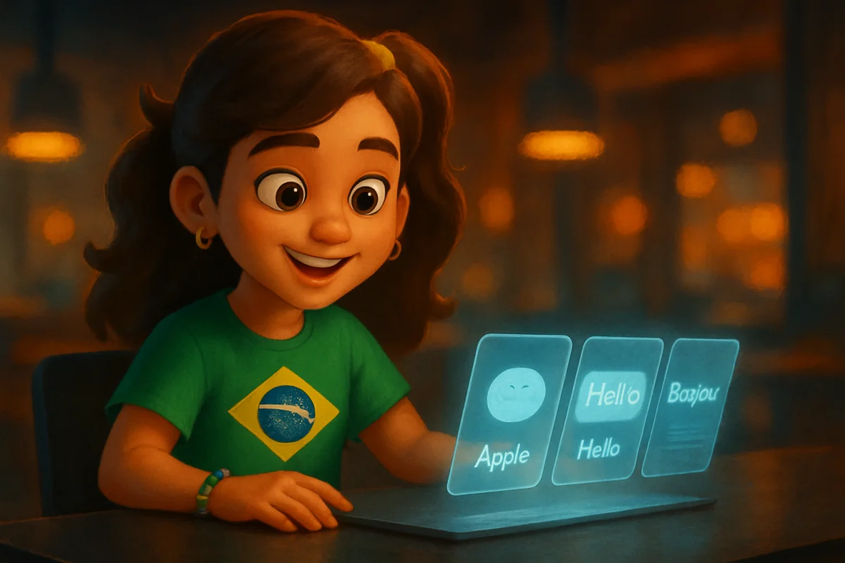 A 3D animated character sitting between a human tutor and a glowing AI interface, weighing the benefits of each