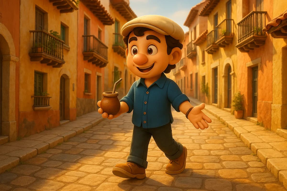A 3D animated character exploring a vibrant outdoor market with colorful stalls in a sunny Spanish-speaking city