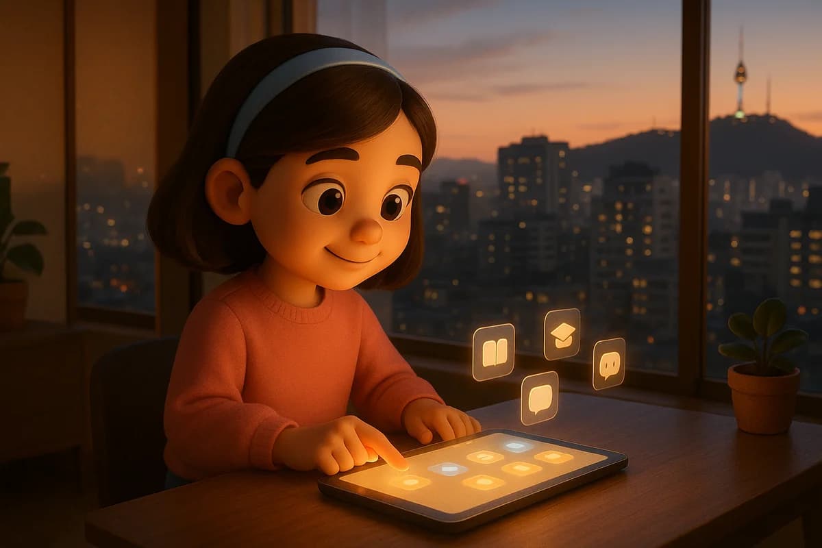 A Korean character sitting at a sleek modern desk with a glowing tablet in a minimalist Seoul apartment with city skyline at dusk