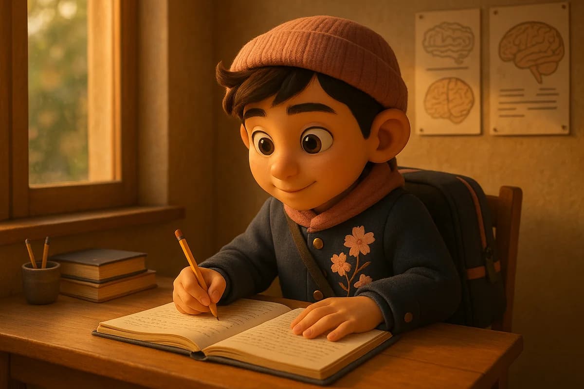 A 3D animated character studying at a desk with a large clock showing different times of day and brain activity charts