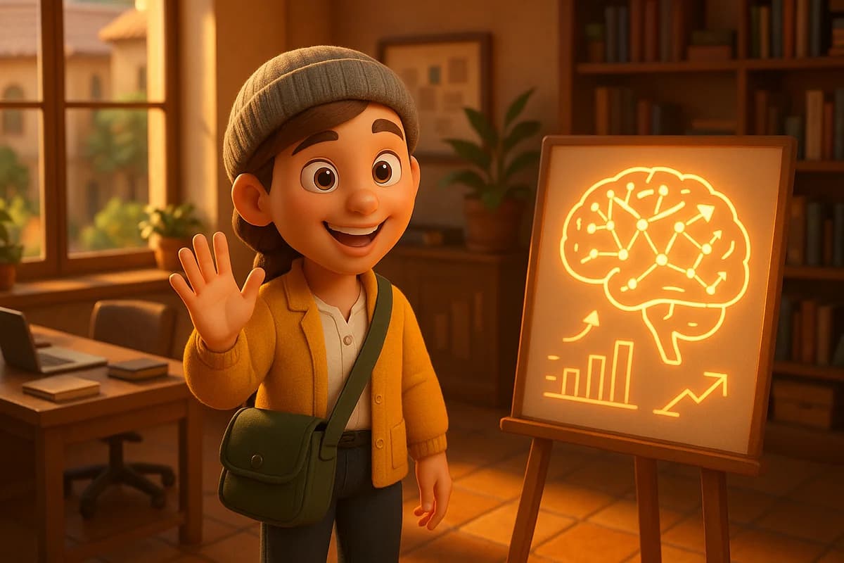 A 3D animated character in a professional setting with a glowing brain showing neural connections and career growth charts