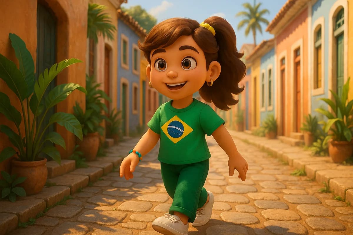 A 3D animated character walking through colorful colonial streets in a Brazilian city with tropical plants