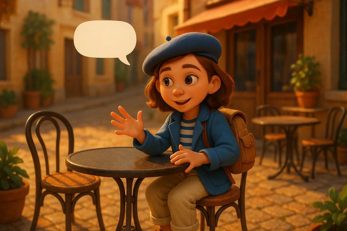 Two 3D animated characters engaged in lively conversation at a sunny outdoor café with speech bubbles in multiple languages