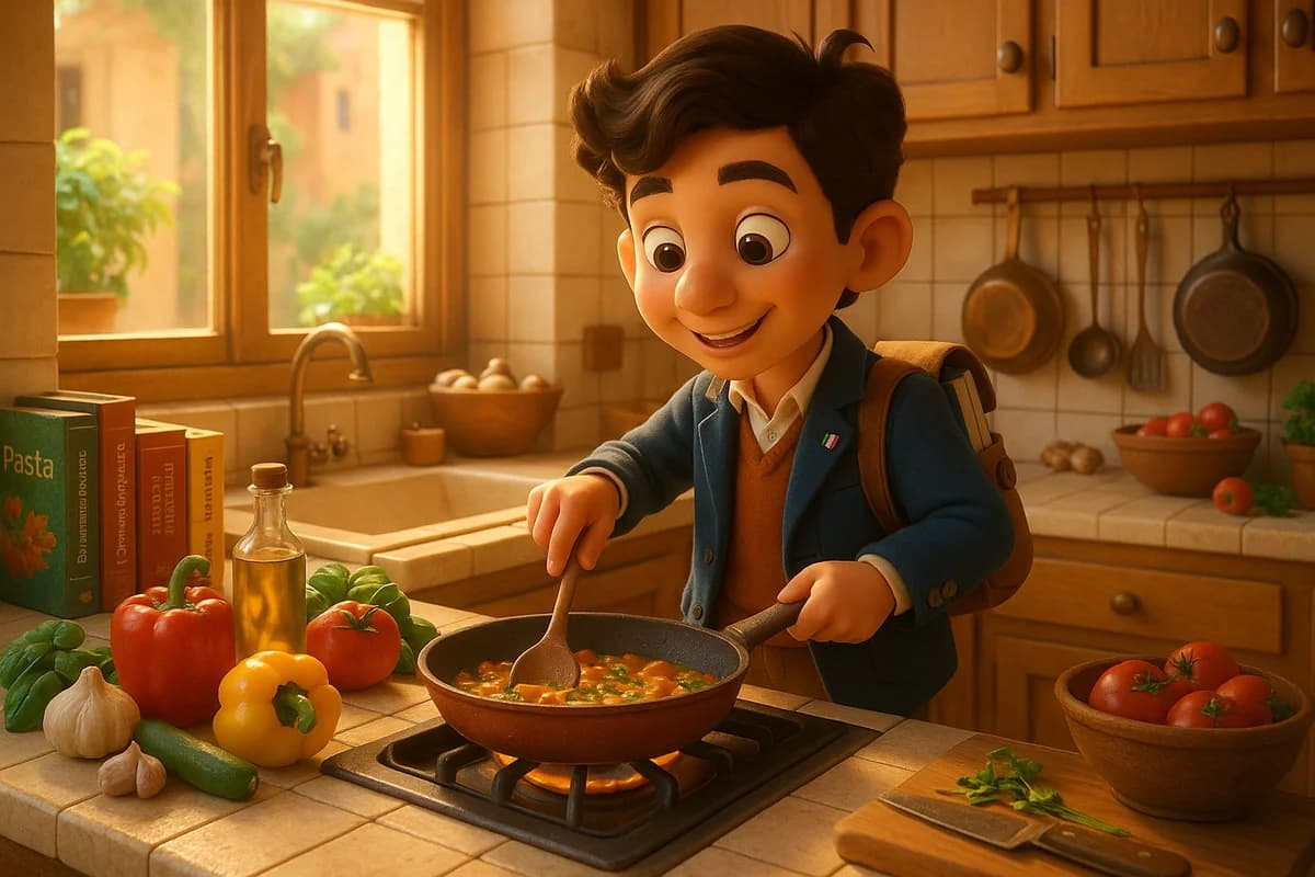 A 3D animated character cooking in a vibrant kitchen with recipe books in multiple languages and colorful ingredients