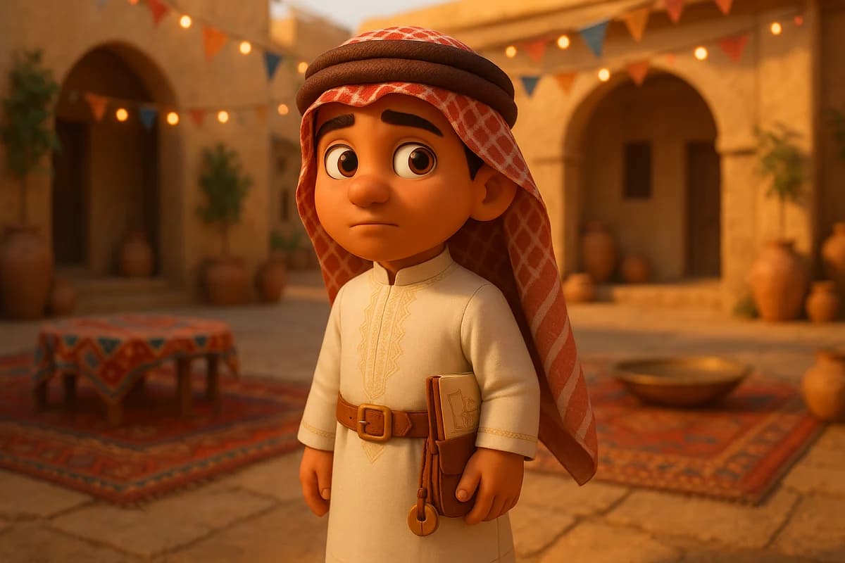 A 3D animated character navigating a lively international gathering with thoughtful expressions and cultural symbols
