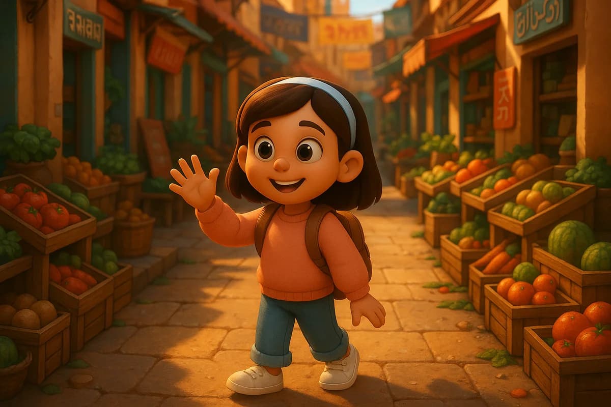 A 3D animated character with a backpack exploring a colorful international market with signs in multiple languages