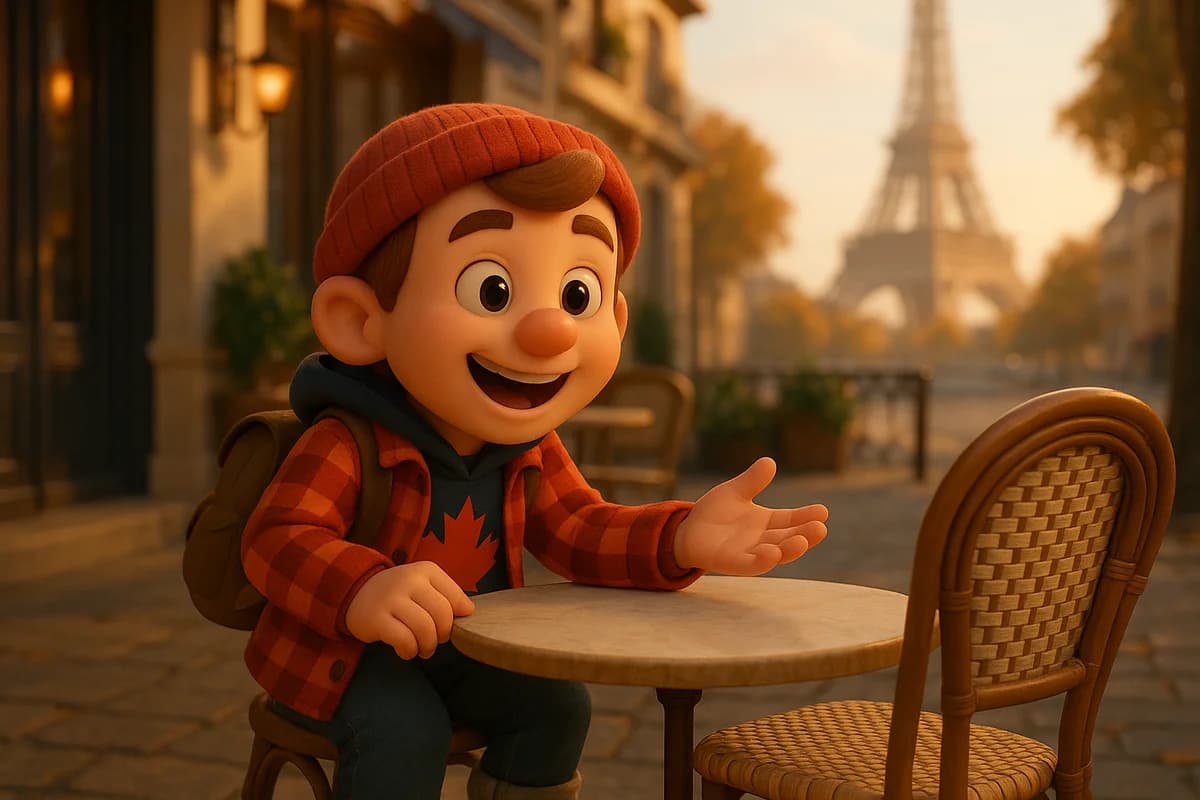 A French character at a Parisian sidewalk café leaning forward eagerly with the Eiffel Tower softly visible in the background