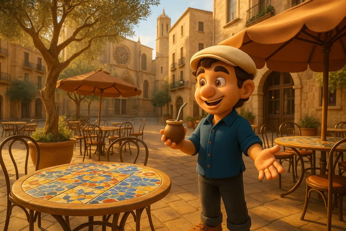 A 3D animated character exploring a sunny Barcelona tapas restaurant terrace with colorful tiled tables and olive trees