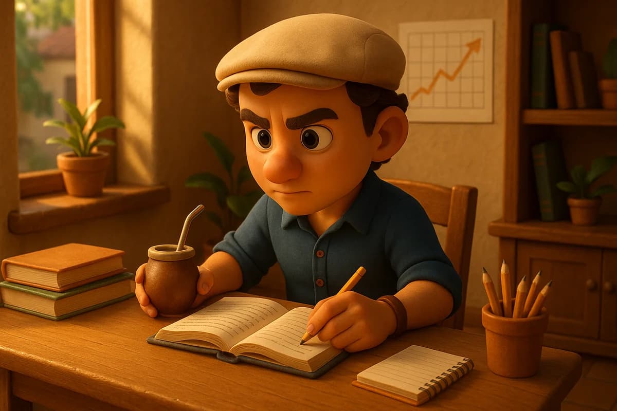 A language learner sitting at a desk looking frustrated, surrounded by study materials and a progress chart showing a plateau