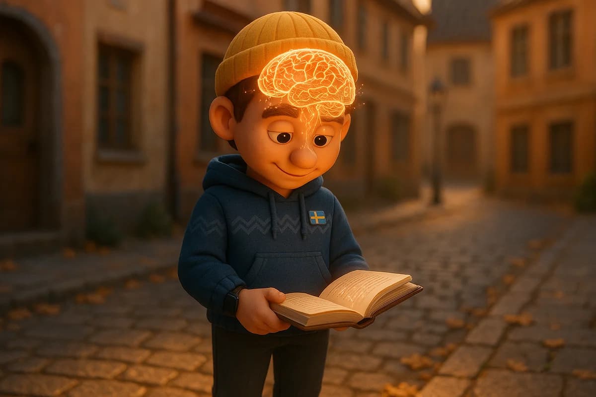 A 3D animated character with a glowing brain visualization showing neural connections and language pathways