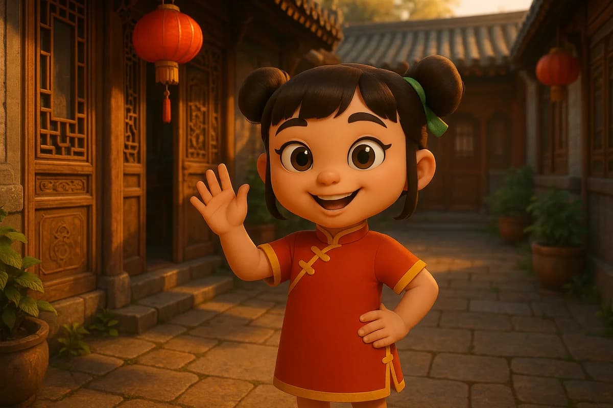 A 3D animated character in a traditional Beijing courtyard with red lanterns and ornate wooden architecture