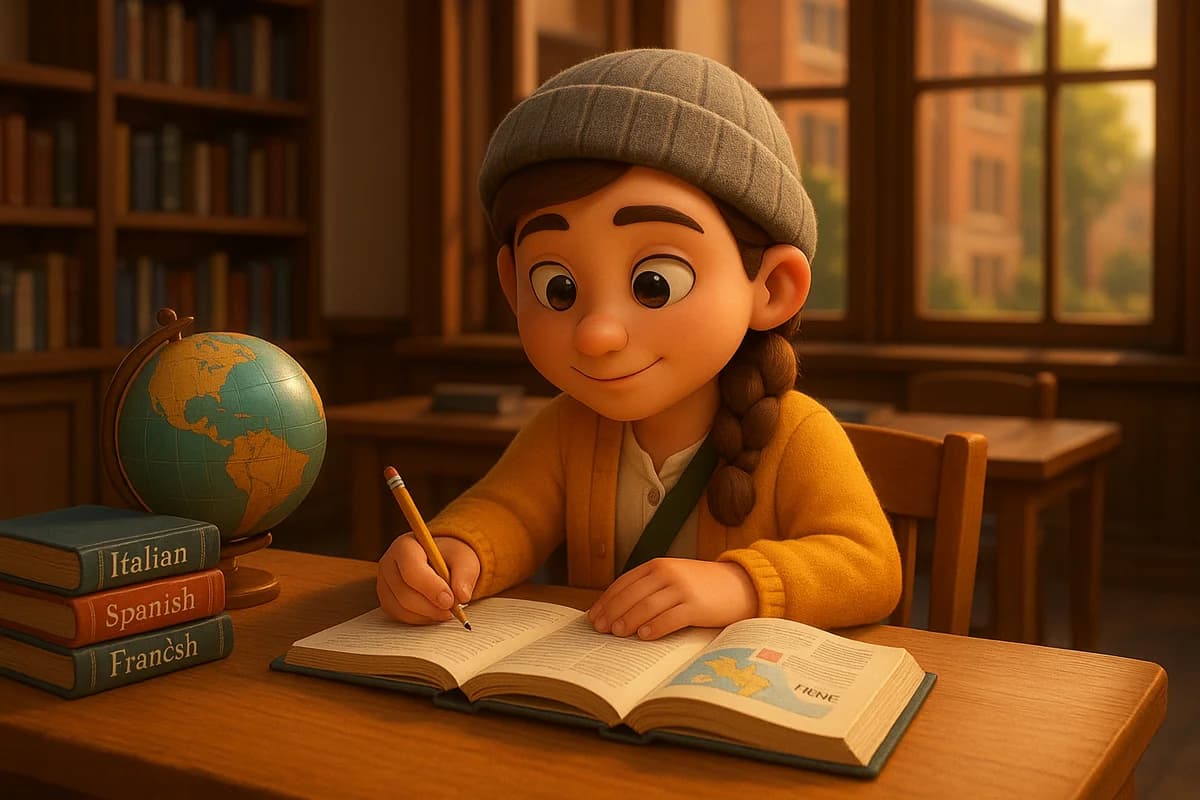 A 3D animated character studying a language map at a modern library desk with colorful language books