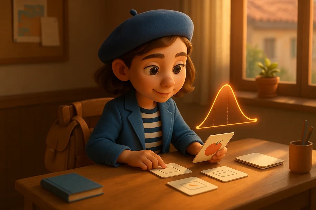 A 3D animated character reviewing flashcards at a modern study desk with a glowing memory curve visualization