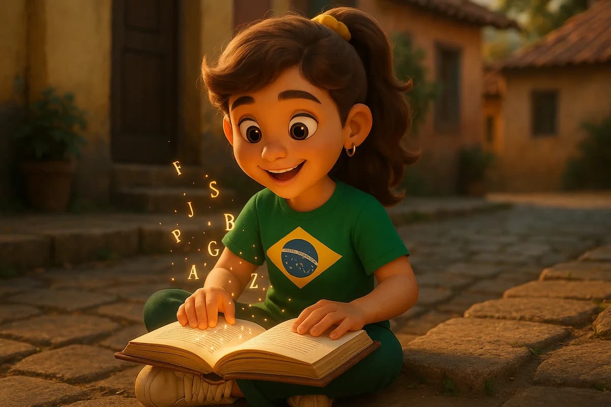 A 3D animated character reading an immersive storybook with glowing words floating out of the pages in multiple languages