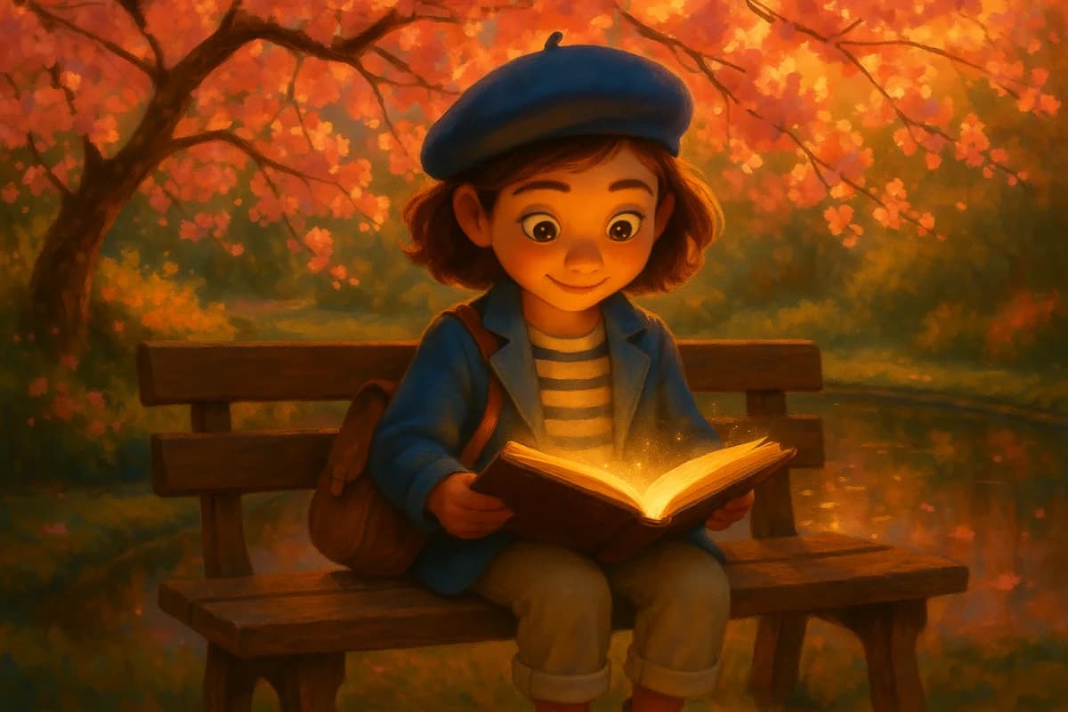 A 3D animated character reading an immersive storybook with glowing words floating out of the pages in multiple languages