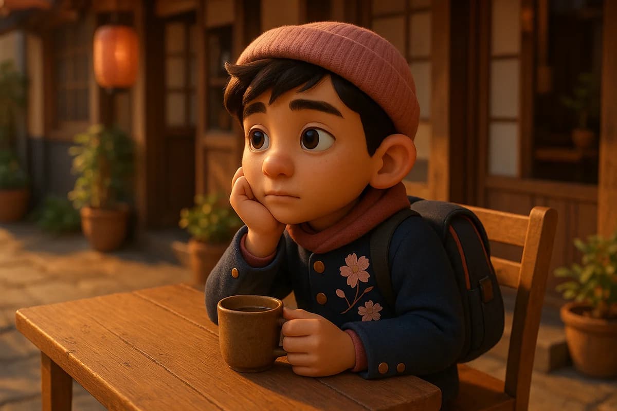 A 3D animated character sitting thoughtfully at a sunlit café with thought bubbles showing words in multiple languages