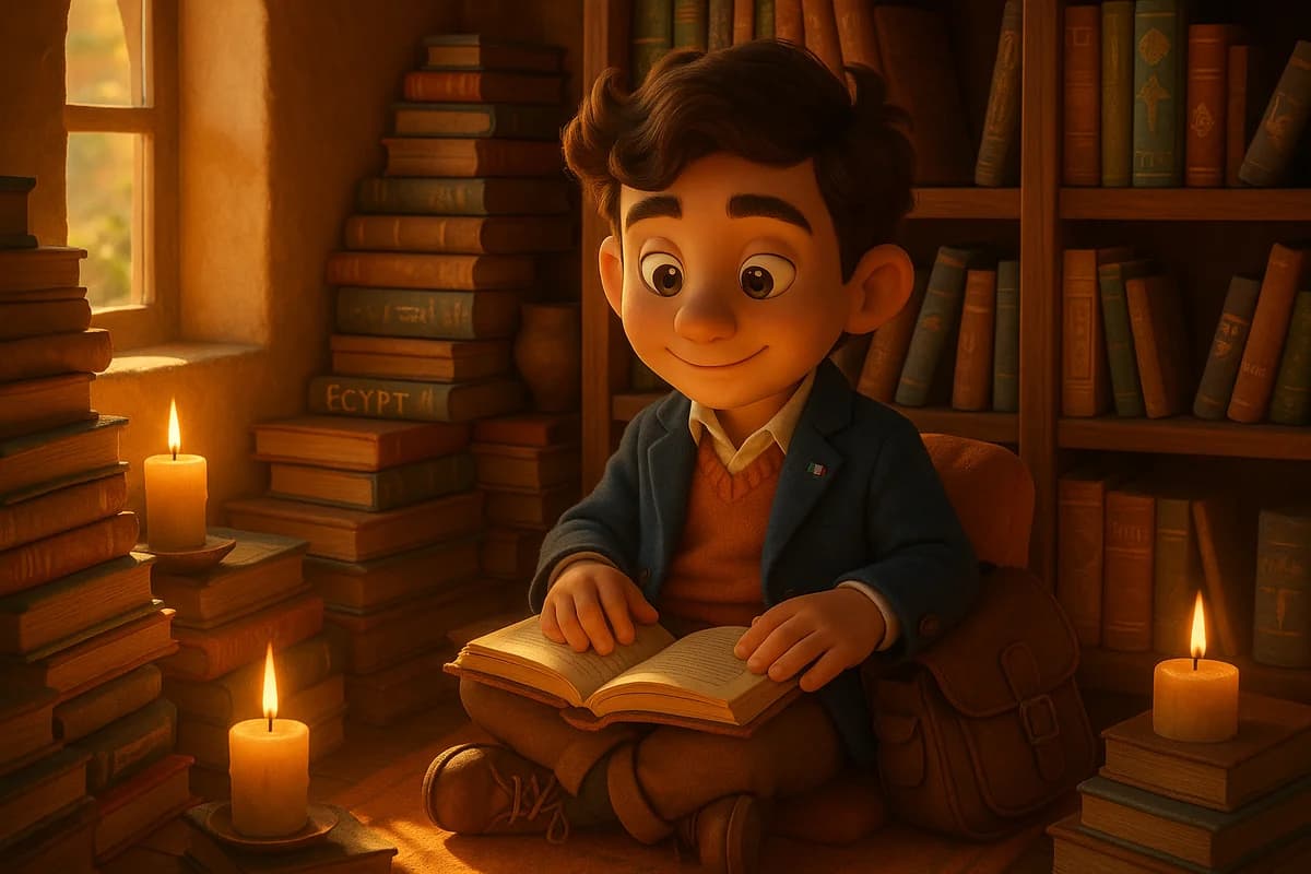 A 3D animated character sitting in a cozy reading nook surrounded by books from different cultures and warm candlelight