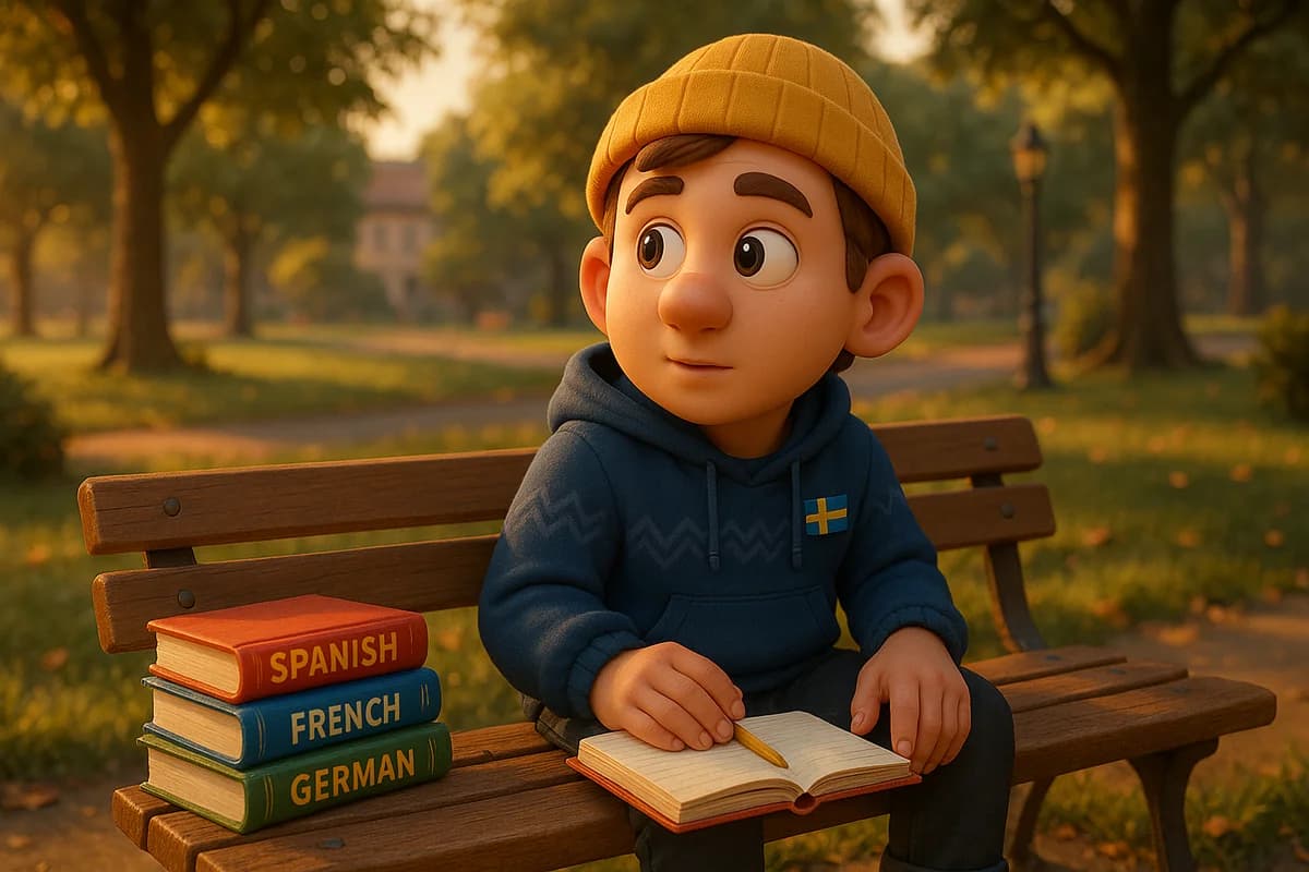 A 3D animated character sitting outdoors in a sunny park with language books and a notebook, looking curious