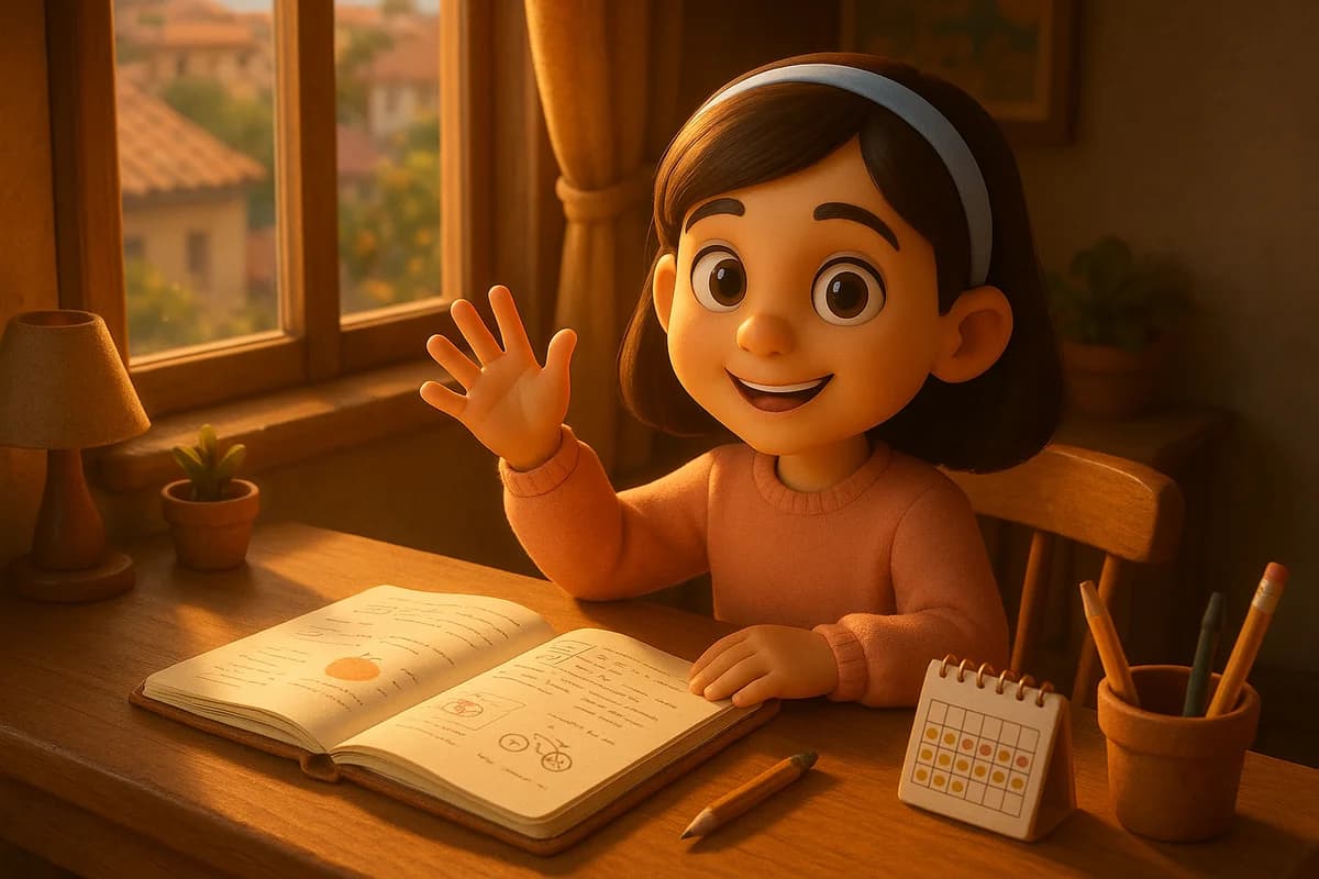 A 3D animated character at a cozy morning study desk with a calendar showing a streak and warm sunrise light