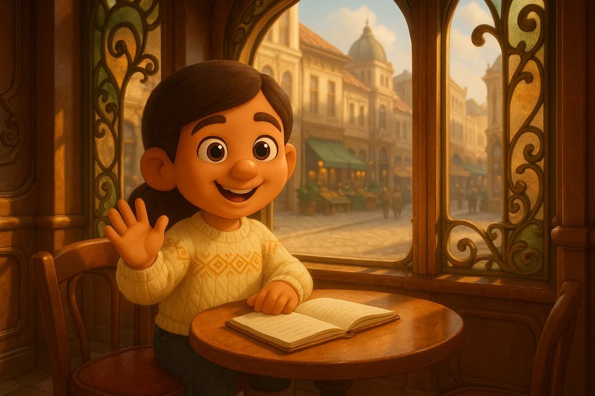 A 3D animated character at a cozy morning study desk with a calendar showing a streak and warm sunrise light