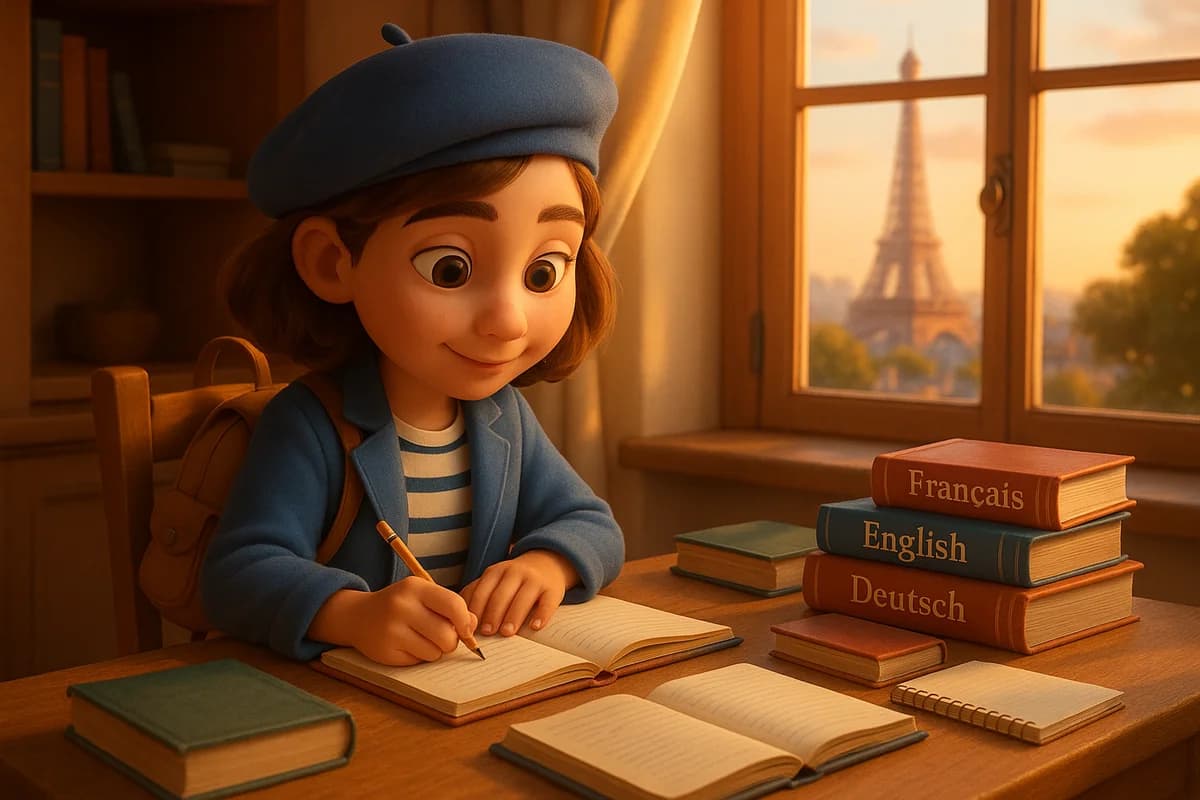 A 3D animated character studying at a Parisian desk with language textbooks and the Eiffel Tower visible through the window