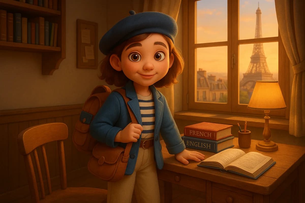 A 3D animated character studying at a Parisian desk with language textbooks and the Eiffel Tower visible through the window