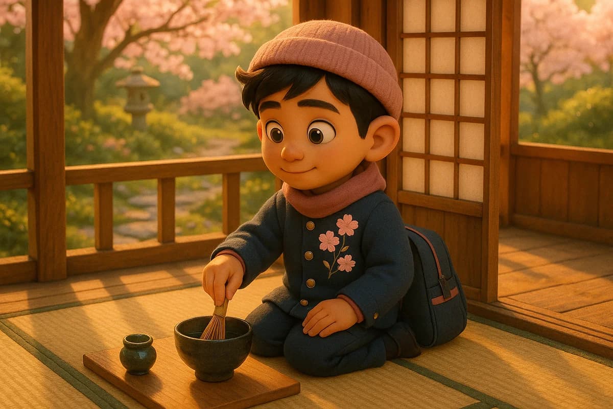 A 3D animated character at a traditional Japanese tea ceremony with cherry blossoms and a serene garden