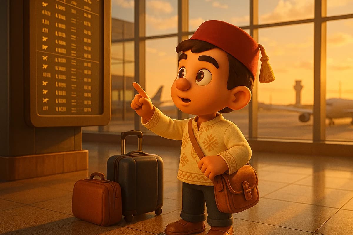 A 3D animated character at an international airport terminal with departure boards showing destinations worldwide