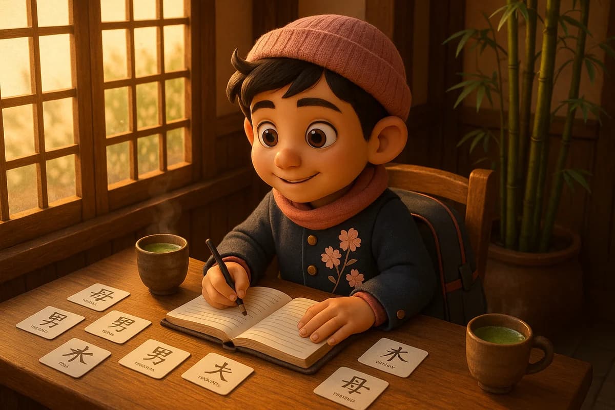 A 3D animated Japanese character at a cozy Kyoto café corner table with matcha cups and language flashcards, golden light through a shoji screen window