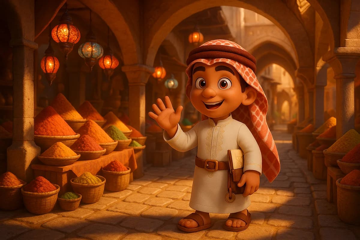 A 3D animated character exploring a vibrant Middle Eastern marketplace with colorful lanterns and ornate archways