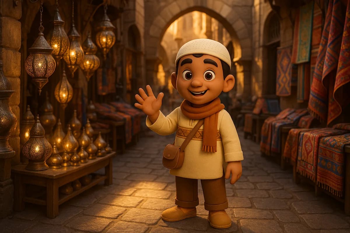 A 3D animated character exploring a vibrant Middle Eastern marketplace with colorful lanterns and ornate archways
