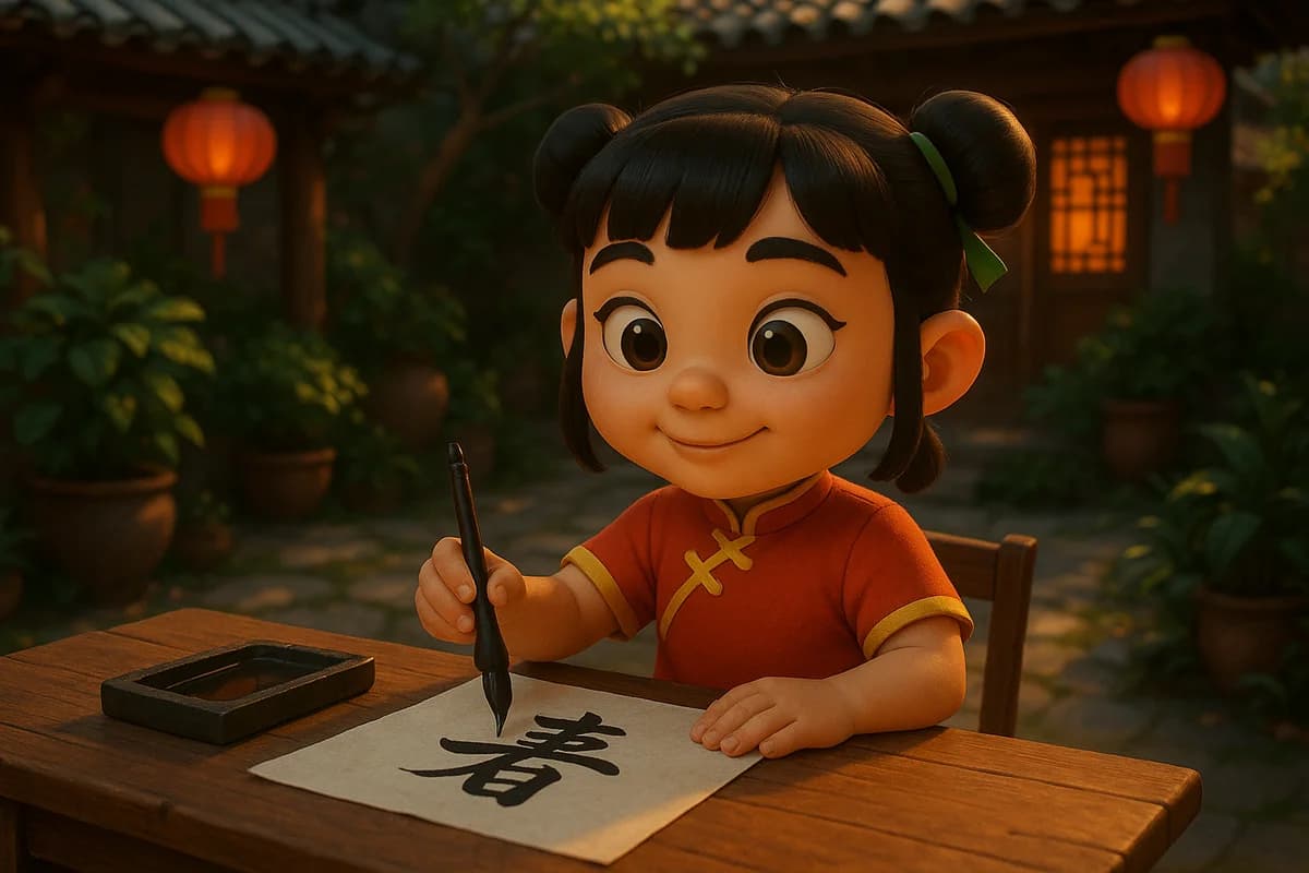 A 3D animated character practicing calligraphy at a wooden desk in a traditional Beijing courtyard with red lanterns