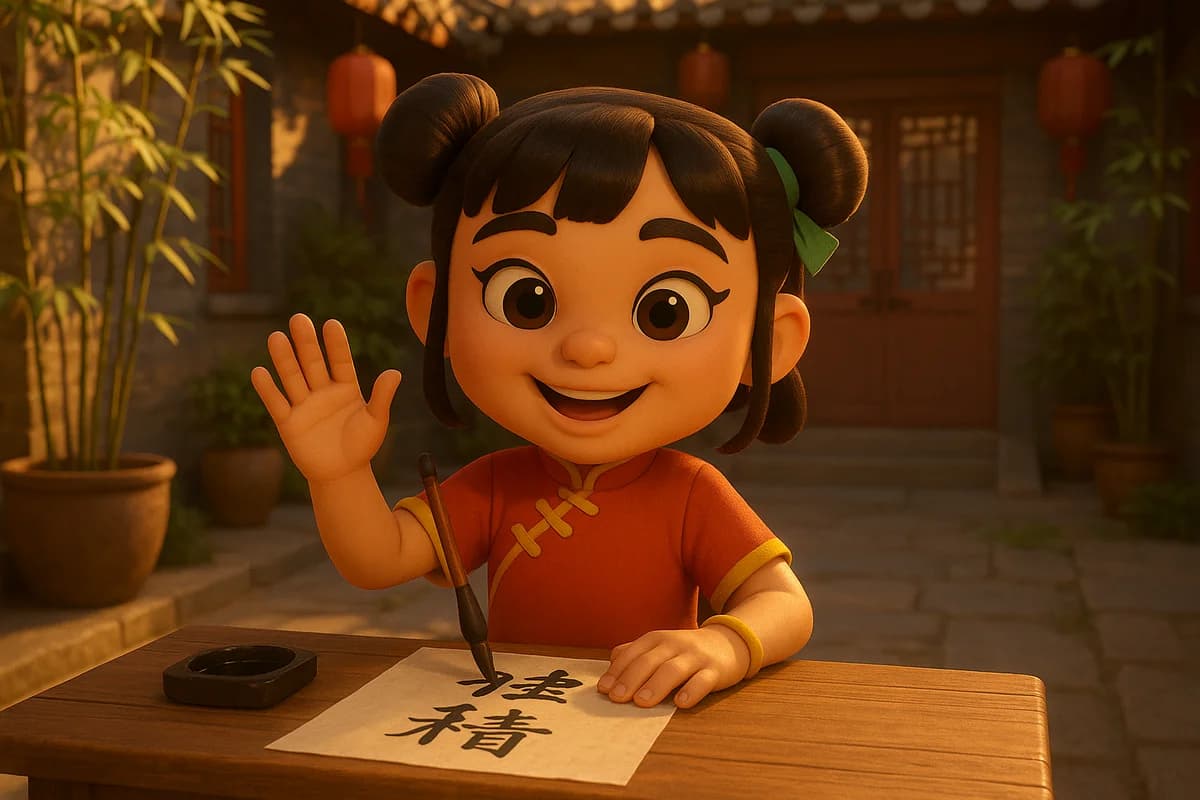 A 3D animated character practicing calligraphy at a wooden desk in a traditional Beijing courtyard with red lanterns