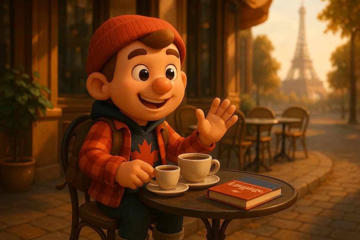 A 3D animated character exploring a charming Parisian café terrace with the Eiffel Tower in the background