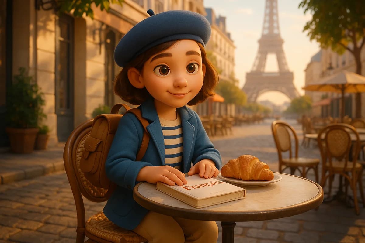 A 3D animated character exploring a charming Parisian café terrace with the Eiffel Tower in the background