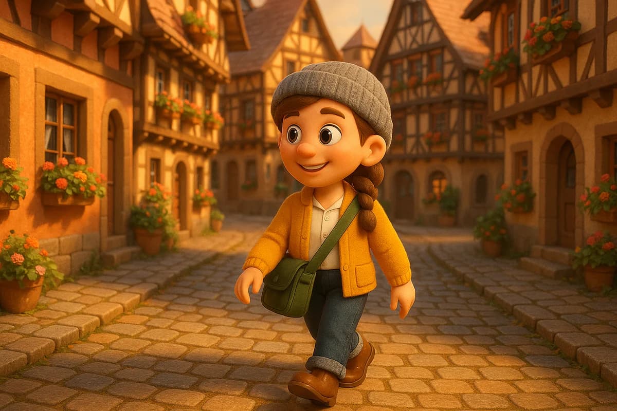 A 3D animated character exploring a charming Bavarian town square with half-timbered houses and flower boxes