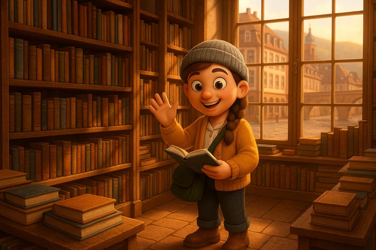 A 3D animated character exploring a charming Bavarian town square with half-timbered houses and flower boxes