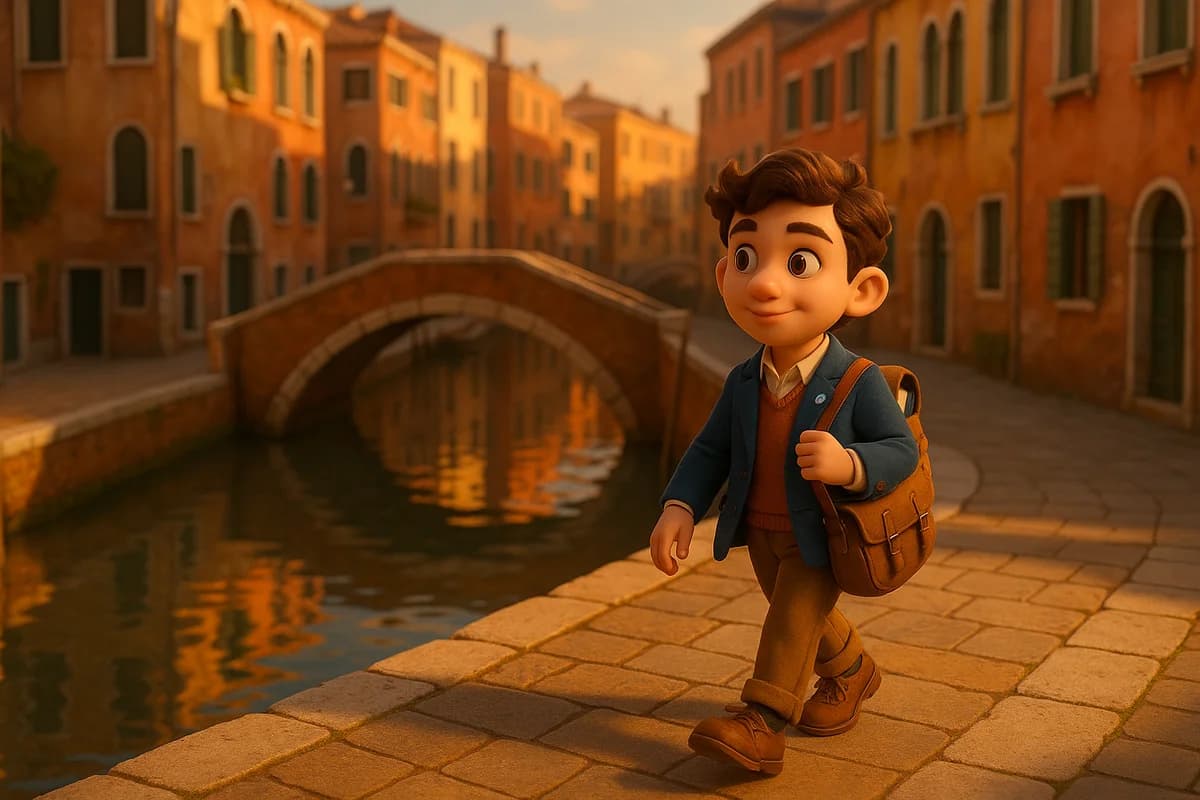 A 3D animated character enjoying gelato while walking along a picturesque canal in Venice with colorful buildings