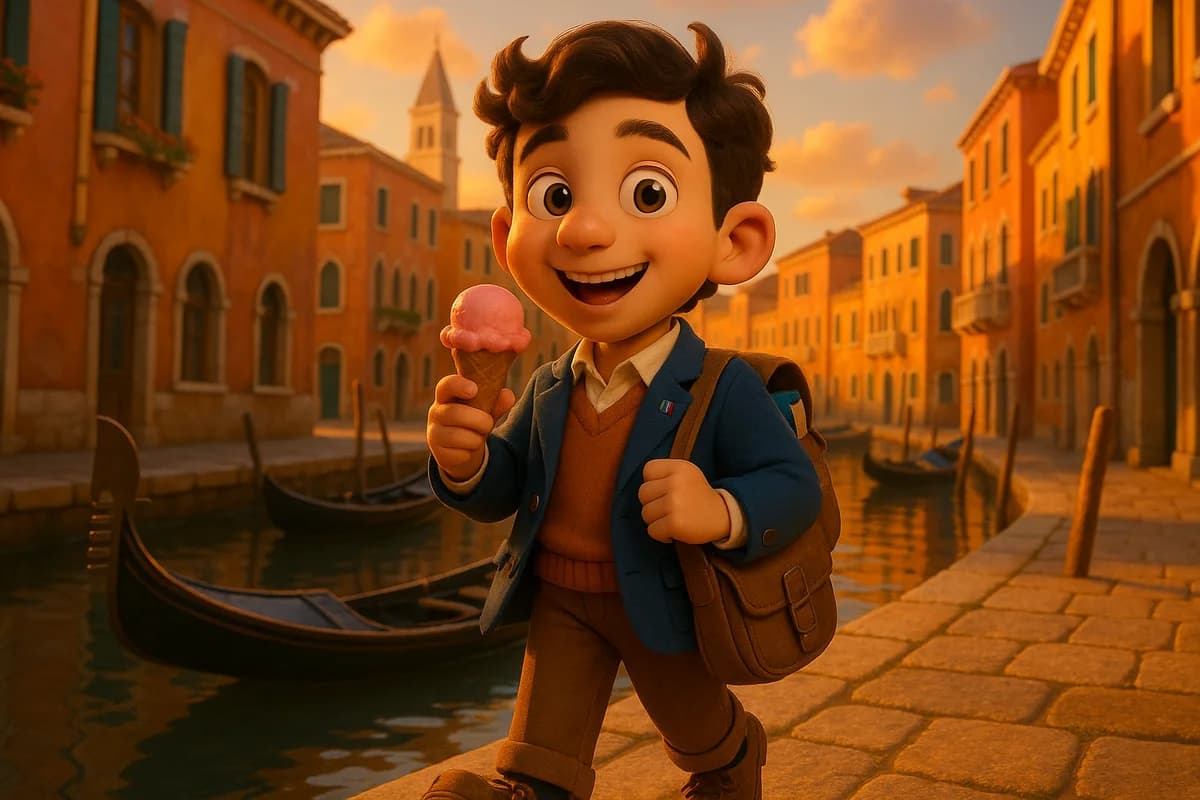 A 3D animated character enjoying gelato while walking along a picturesque canal in Venice with colorful buildings