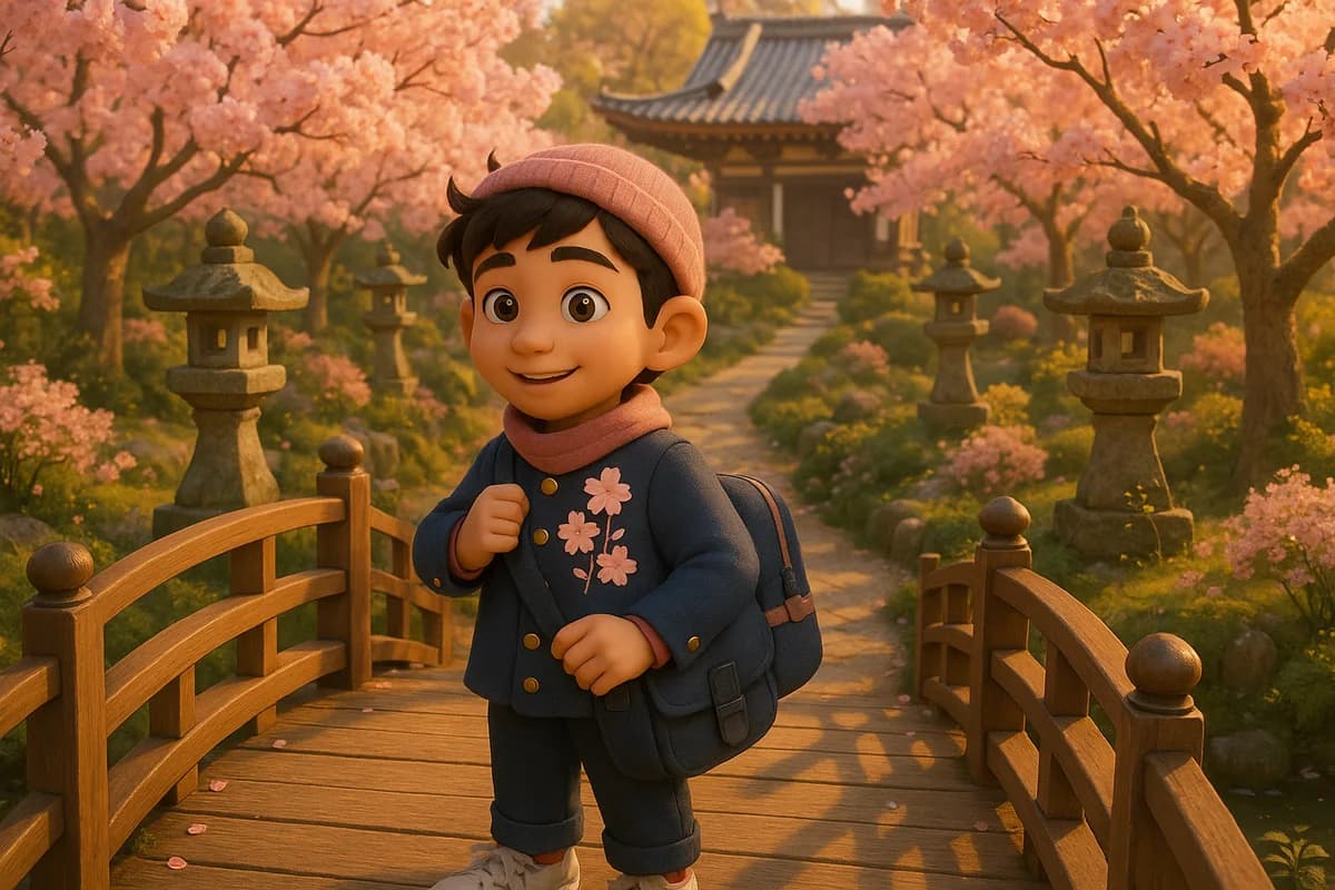 A 3D animated character standing on a wooden bridge in a serene Kyoto temple garden with cherry blossoms and stone lanterns