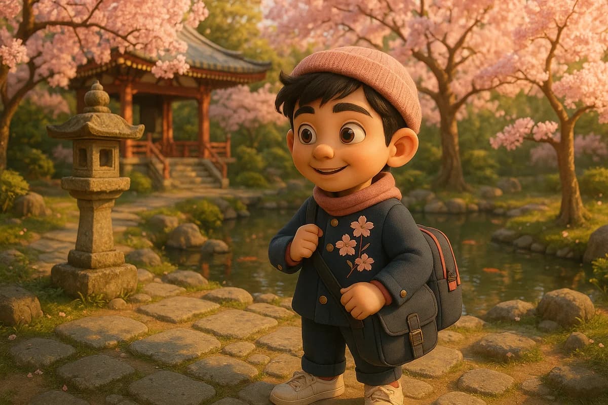 A 3D animated character standing on a wooden bridge in a serene Kyoto temple garden with cherry blossoms and stone lanterns
