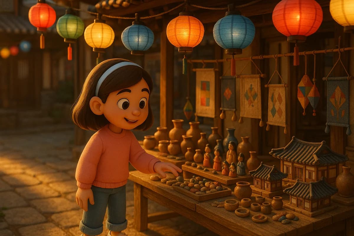 A 3D animated character at a traditional Korean market stall in Seoul with colorful lanterns