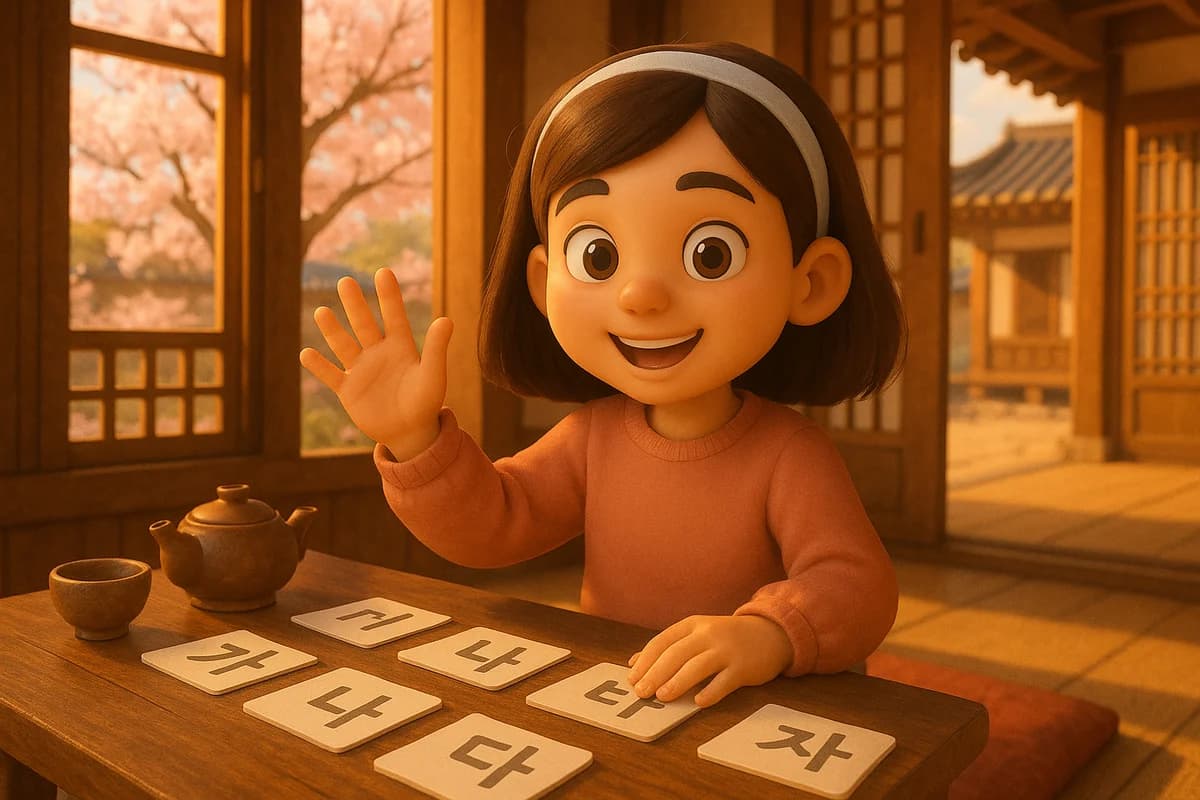 A 3D animated character at a traditional Korean market stall in Seoul with colorful lanterns