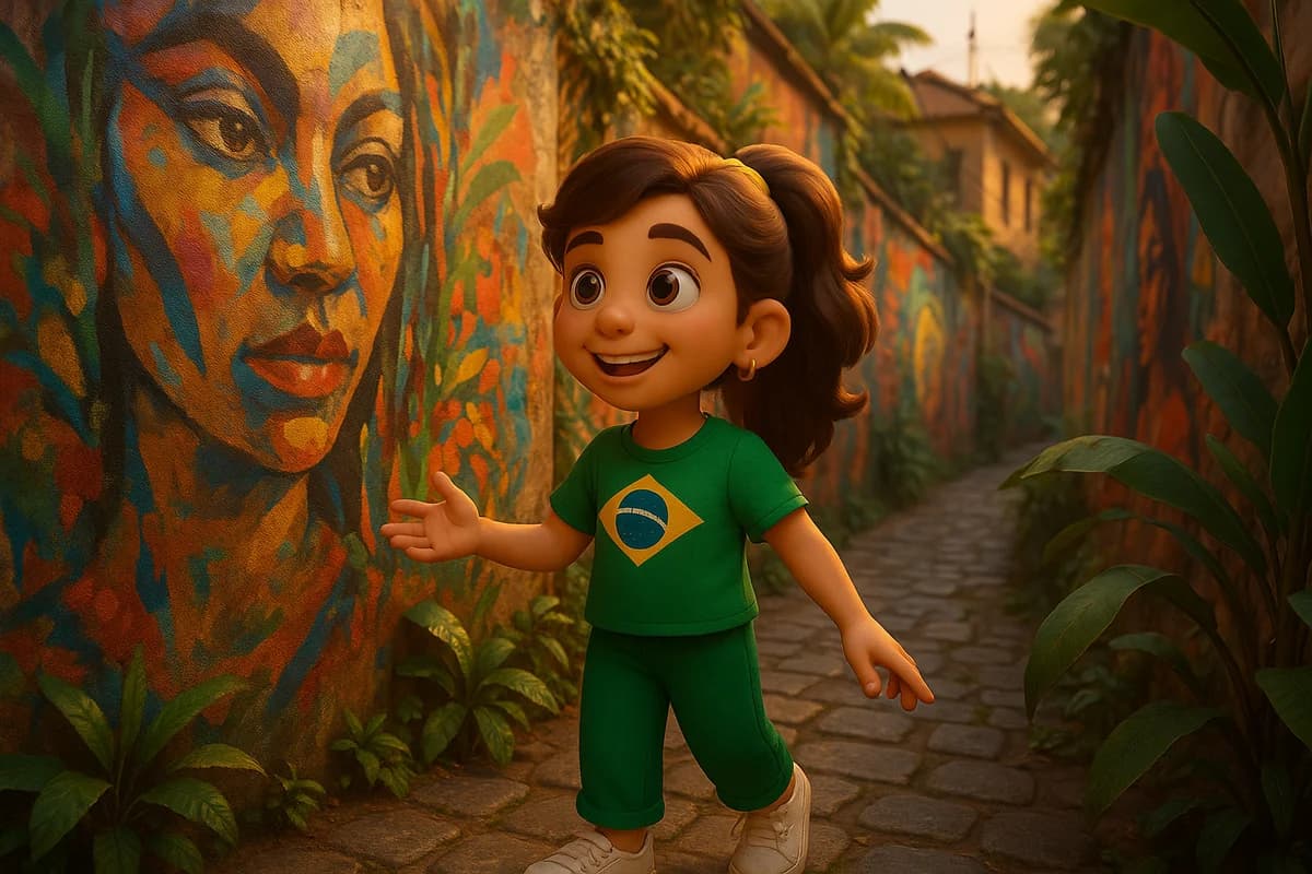 A 3D animated character exploring colorful street art in the Santa Teresa neighborhood of Rio de Janeiro
