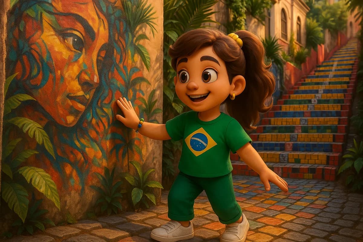 A 3D animated character exploring colorful street art in the Santa Teresa neighborhood of Rio de Janeiro